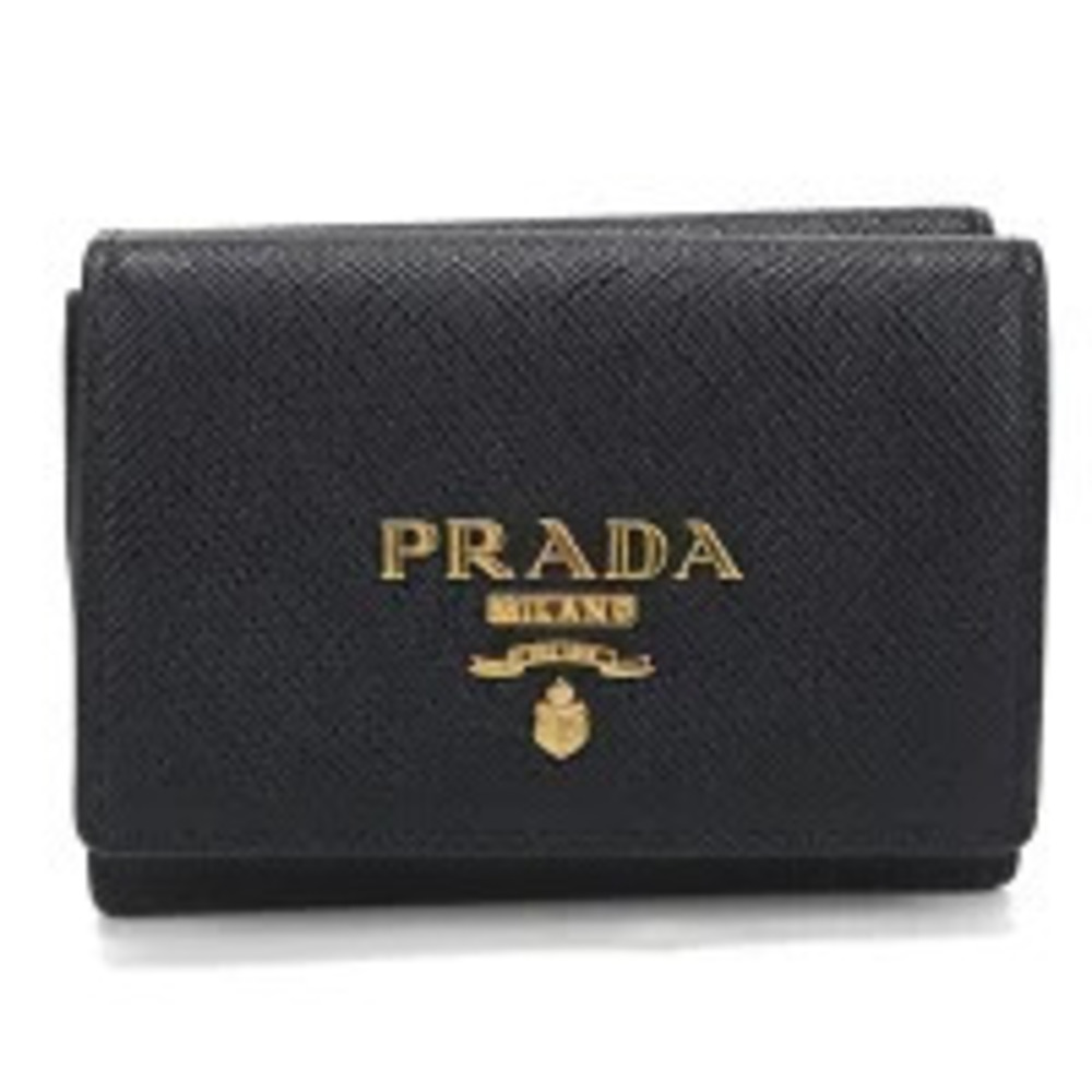 Prada Tri fold Wallet Compact Saffiano Leather Black